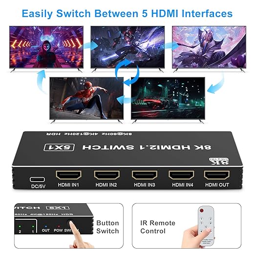 8K HDMI Switcher 5 in 1 Out, HDMI Splitter with IR Remote Switcher Selector Box Support 8K@60Hz 4K@120Hz, HDMI 2.1 Switch Compatible with PS 5/4/3 Xbox Switch Roku TV Fire Stick