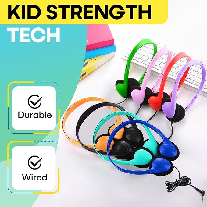 Bulk Headphones 25 Pack for Kids School Classroom, Wholesale Wired Adjustable On Ear Earphones Class Set for Students Children Toddler Teens Boys Girls and Adult Computer 3.5mm Jack (HY857,25 Mixed)