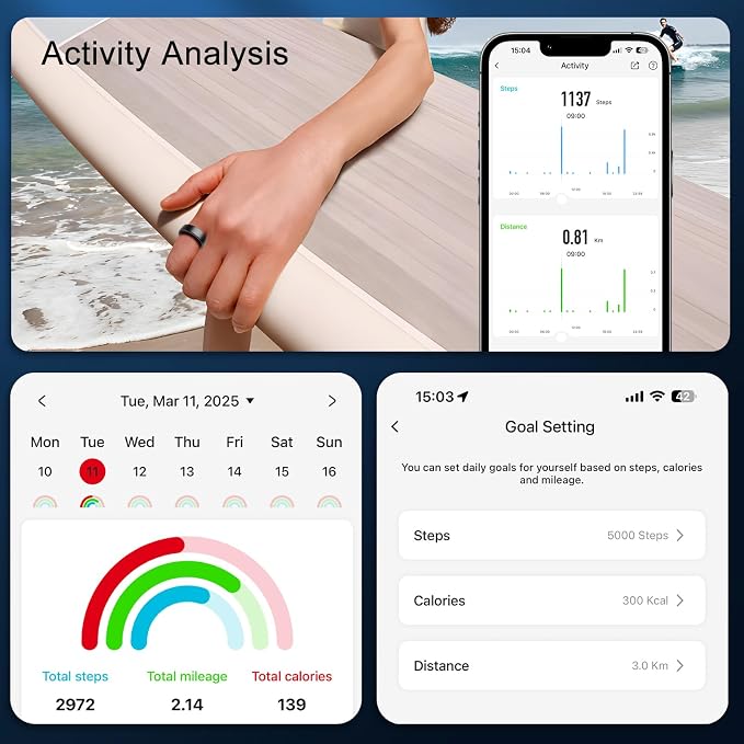 Smart Ring for Women Men,Fitness Tracker Ring with Sleep Monitor,Heart Rate,Blood Oxygen,Steps,Calories Tracker,IP68 Waterproof Smart Rings,5-7 Days Battery Life for iOS Android,No App Fee（Black,11）