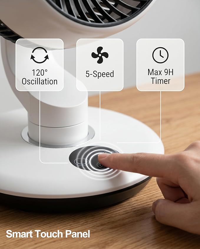 Desk Fan for Office, Rechargeable Air Circulator Fan for Bedroom Cooling, Ultra Quiet Battery Powered Table Fan, 5 Speeds, 9H Timer & 120°Oscillating Smart Portable Fan for Dorm, Home, Kitchen