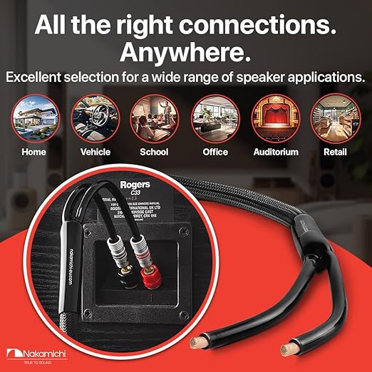 Nakamichi Excel Series 24k Gold Plated Banana Plugs with Speaker Cable Wire 99.9% Oxygen-Free Copper (OFC) Heavy Duty Braided for Amplifier Hi-Fi Home Theatre - Black (12 AWG / 15 feet / 4.5m)