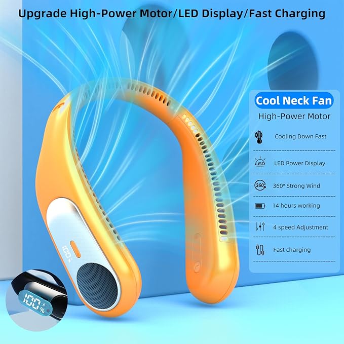 Portable Neck Fan, Personal Wearable Bladeless Fan for Outdoor Indoor, LED Display, 360° Cooling, 4-Speeds, 6000mAh USB Rechargeable, Birthday Gifts for Men Women Dad Mom (Orange)