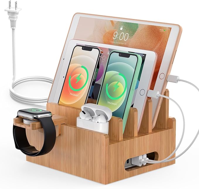 Pezin & Hulin Bamboo Charging Station for Multiple Devices with 5 Port USB Charger,5Cables,Smart Watch&Earbuds Stand, Desk Docking Stations Electronic Organizer for Cell Phone, Tablet (Natural)