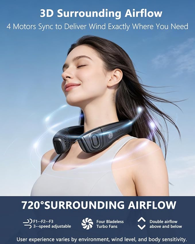 Neck Air Conditioner Fan Instant Cooling with Cooling Plate, Bladeless, 8000mAh Operated Wearable Rechargeable Neck Fan, 3 Cooling Level&3 Speeds Level for Hot Flashes, Travel, Gym