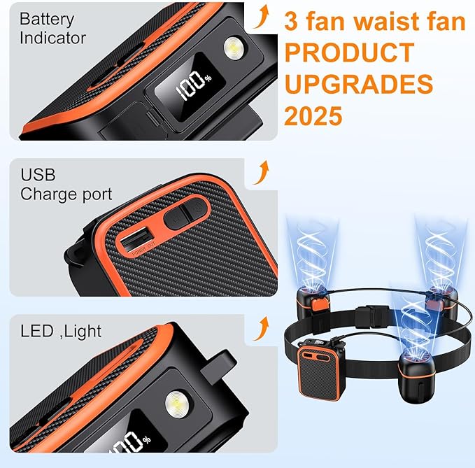 Portable Waist Fan with 3 Small Fans for 10 times Strong Wind & Wide Cooling Area 10000mAh Battery Over 24H Working Time Hands-Free Fan with Belt for Outdoor, Sports, Travel (Black Orange)