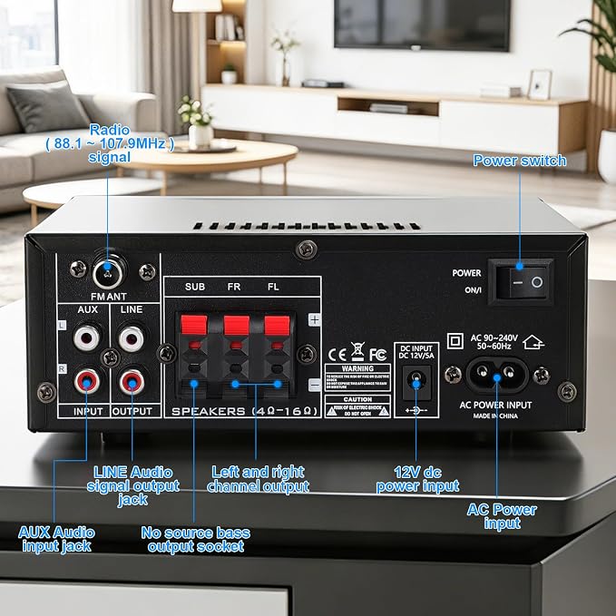 AK52 Home 2.1 Channel Bluetooth 5.0 Stereo Receiver Amplifier, Home 400Wx2+300W Subwoofer Out, FM Radio, USB/SD/AUX, MIC Echo, Remote for Passive Speakers