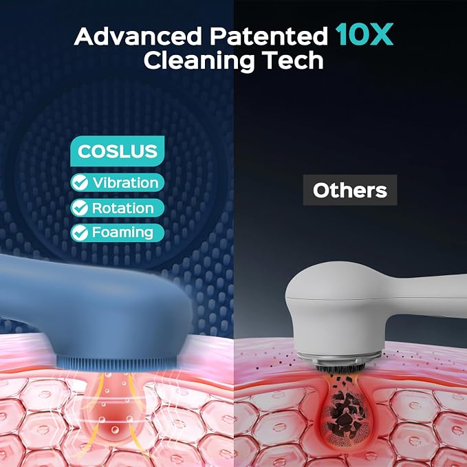 COSLUS FBS03 Face Scrubber Facial Cleansing Brush: 2 in 1 Spin and Vibration Patented, Silicone Electric Exfoliator Scrubber with Automatic Foaming, Waterproof Face Cleanser Brush (Navy Blue)