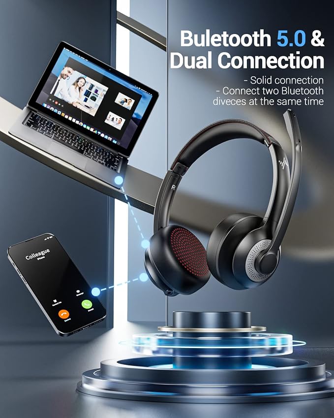 JIAMQISHI Wireless Headset with AI Noise Cancelling Microphone Bluetooth Headset - Bluetooth V5.2 Headphones with Mic Mute for Computer/Laptop/PC/iPhone/Android/Cell Phones (Without USB Dongle)