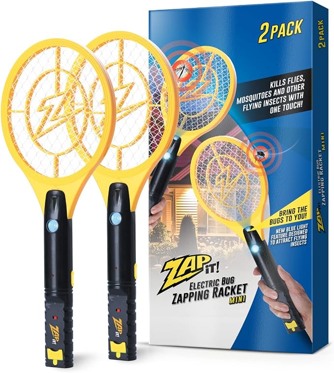 ZAP iT! Electric Fly Swatter Racket & Mosquito Zapper with Blue Light Attractant - High Duty 4,000 Volt Electric Bug Zapper Racket - Fly Killer USB Rechargeable Fly Zapper Indoor Safe - 2 Pack, Yellow