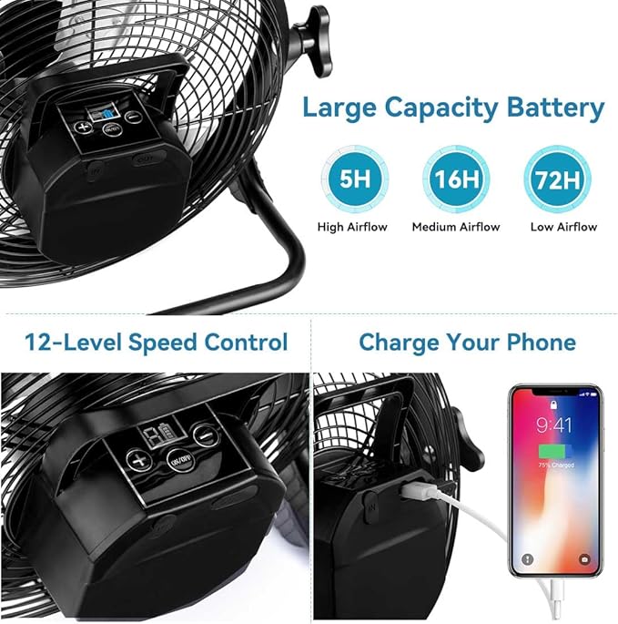ZZE 14 Inch Battery Operated Fan Rechargeable with Solar Panel, Upgraded with High Airflow Metal Blade Camping Fan, Cordless, Quiet, USB Phone Charge, 5-75H Working Time