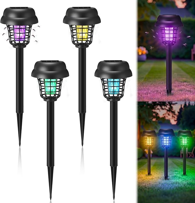 4 Pcs Solar Bug Zapper Outdoor Waterproof Mosquito Repellent Light Solar Power Fly Killer Lamps for Moths, Gnats, Fly, Small Flying Insect Backyard Garden Lawn (Plastic,Purple & Colored Light)