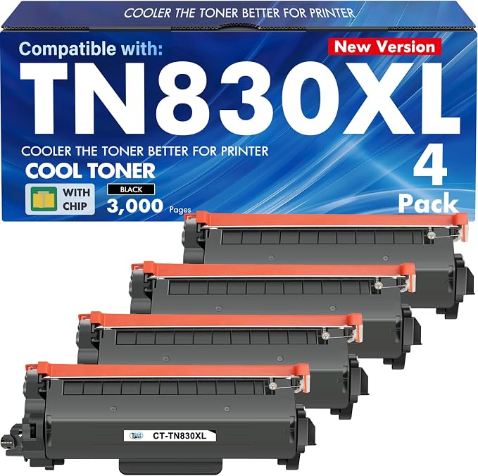 TN830 TN830XL 830XL Toner for Brother Printer TN 830 XL TN830 XL/V/R Replacement for Brother TN-830 TN-830XL Cartridge DCP-L2640DW HL-L2460DW MFC-L2820DW HL-L2405W HL-L2400D High Yield 4 Pack Black