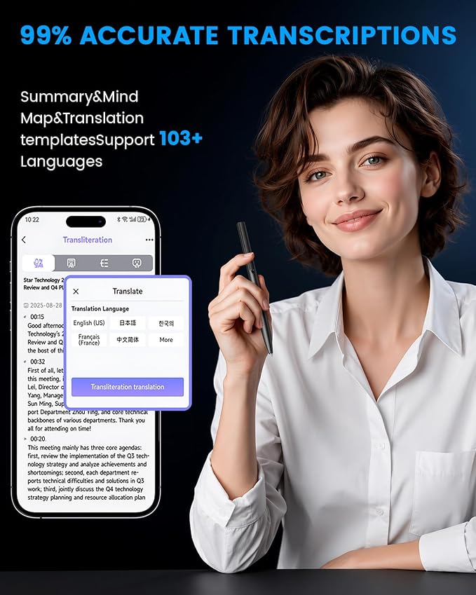 AI Voice Recorder Pen with App Control, 64GB Note Sound Recorder with Transcribe, Mind Mapping & AI Summary, Supports 103 Languages, Audio Activated Recorder for Lectures, Meetings, Calls