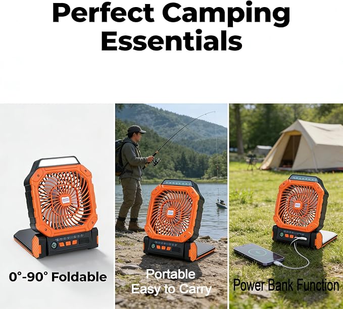 Solar Fan, Solar Powered Fan, Solar Fans For Outside ,Camping Fan, With 2 Charging Modes, 4-Speed Wind & 3-Gen Led Light, Portable Rechargeable Ventilador Recargable For Outdoor Travel & Home(Orange)