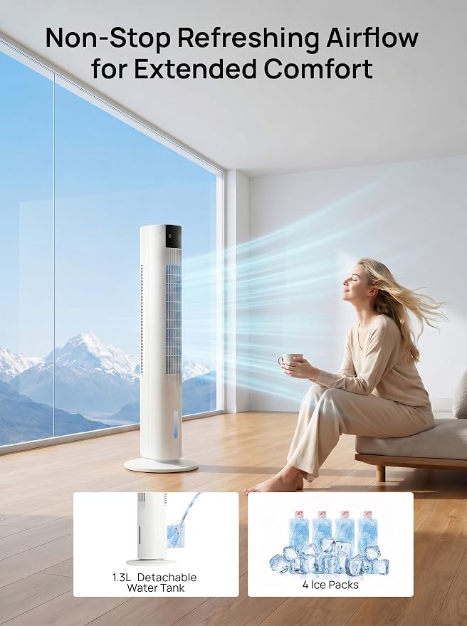 35" Evaporative Air Cooler, 3-In-1 Swamp Cooler, Portable Air Conditioners No Windows Needed, 3 Speeds, 4 Ice Packs, 12H Timer, 80° Oscillation, Remote, AC Cooling Fan for Bedroom, Room