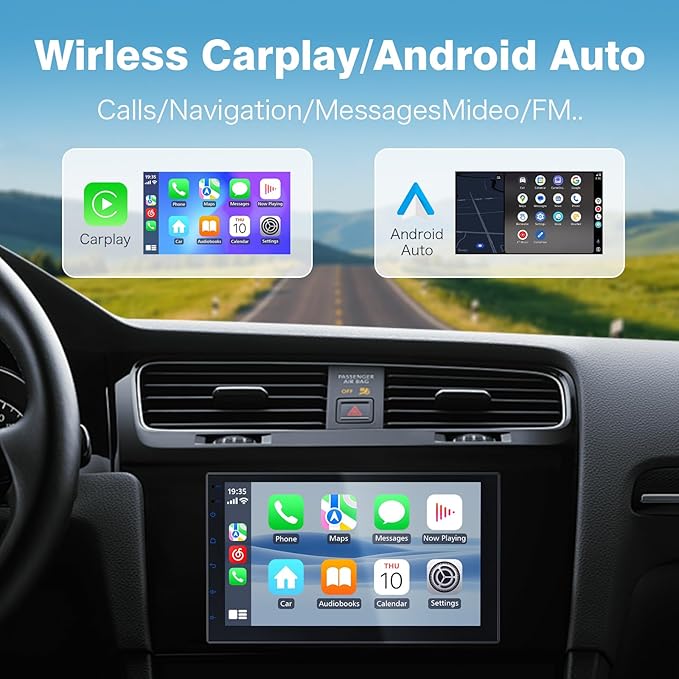 Haudio Double Din Car Radio with Wireless CarPlay & Android Auto, 7" HD Touchscreen Car Stereo with Mirror Link, Backup Camera, GPS Navigation, Bluetooth, Voice Control, SWC/FM/AM/RDS (2+64G)