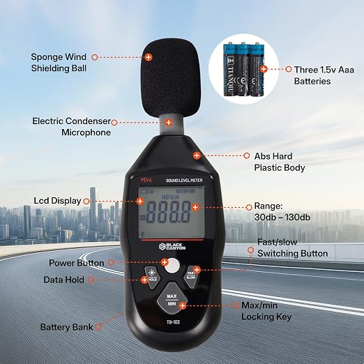 BLACK CANYON Sound Level Meter – Digital DB Meter, Sound Decibel Meter, Decibel Reader, Noise Decibel Reader, 30–130dB, 30Hz–8kHz, A-Weighting,Auto Power-Off, LCD Display (Classic Black)