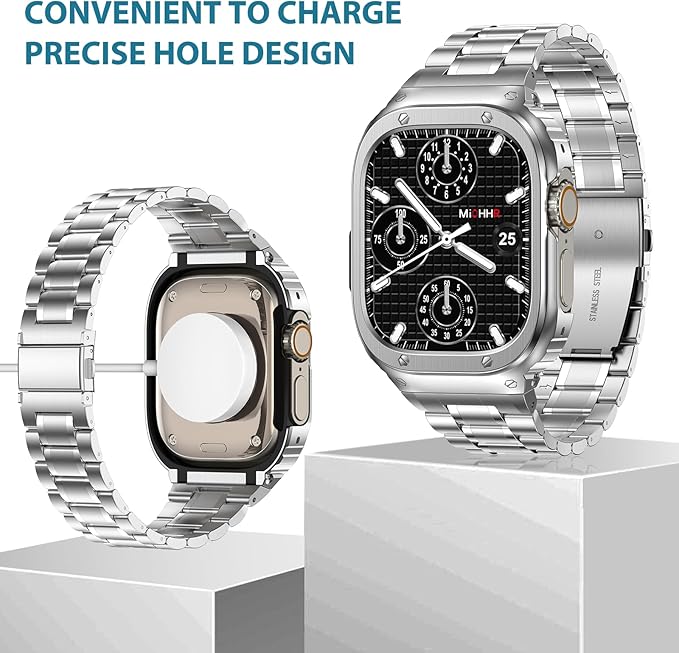MioHHR Stainless Steel Watch Band with Case Compatible with Apple Watch Ultra3 2 1(49mm),Rugged Strap with Metal Protective Bumper Cover for iWatch Band Men(Silver)