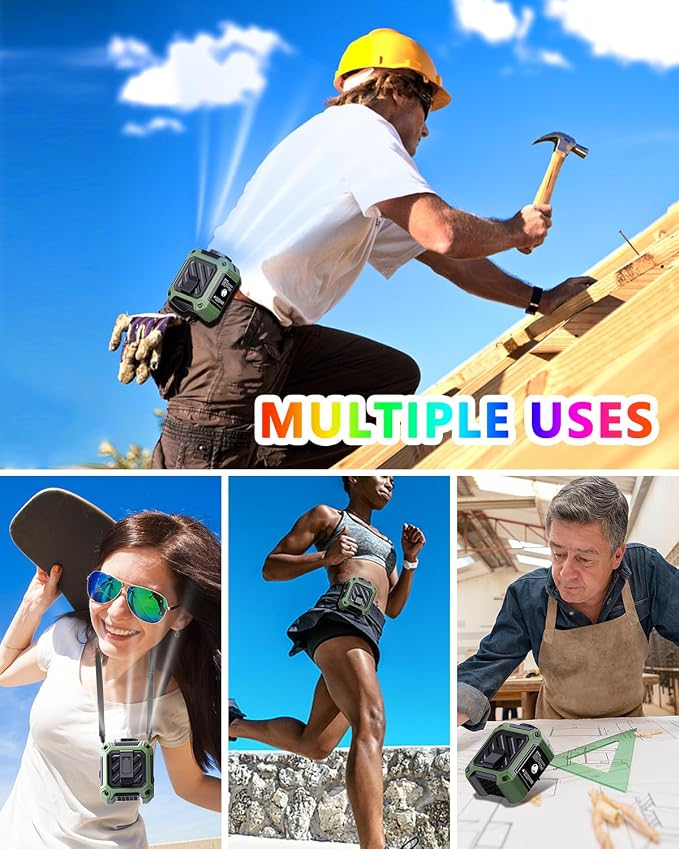 AI Portable Waist Fan 10000 mAh Rechargeable with LED Display & 40H Runtime, 5 Speed 16000RPM Cooling Personal Clip on Neck Fan for Outdoor Work, Jobsite, Camping, Green