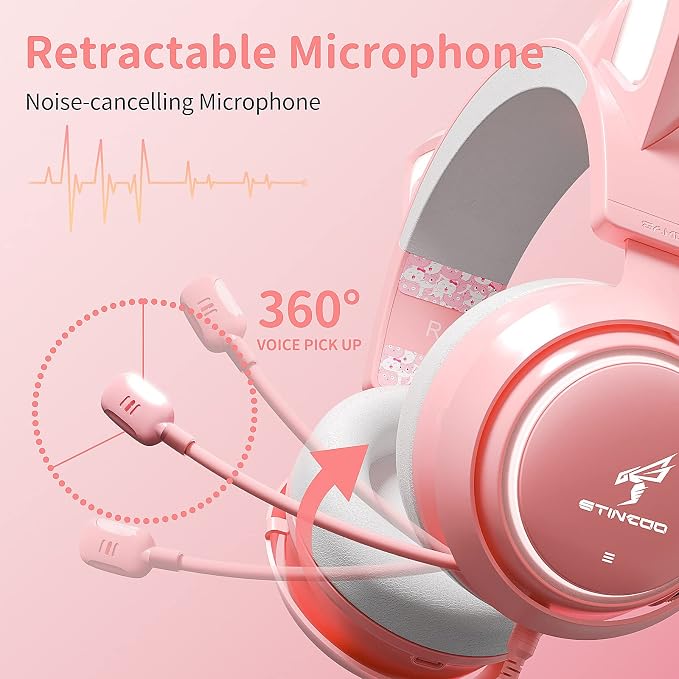 EASARS Pink Gaming Headset GS510, Wired, Over Ear, Cat Ear Design with RGB Lighting, 7.1 Surround Sound, Retractable Mic, Compatible with PC, PS4, PS5
