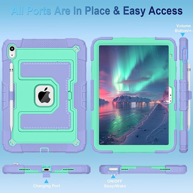 WESOROL Case for iPad A16 11th/10th Generation 2025/2022 with Pencil Holder Shoulder Strap iPad Case 10th Generation Shockproof Cover for iPad 11th/10th Gen Cases,Purple Green