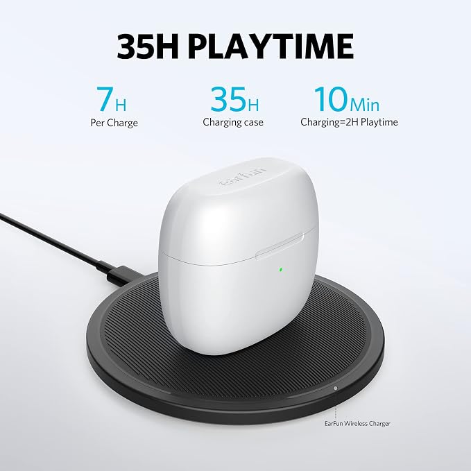 EarFun Air True Wireless Earbuds, Bluetooth Earbuds with 4 Mics, Sweatshield IPX7 Waterproof with Volume Control, USB-C Fast Charge, in-Ear Headphones with Wireless Charging, Deep Bass, 35Hrs, White