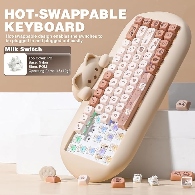 YUNZII C68 Wireless Mechanical Keyboard,65% Layout,Hot Swap,Triple Mode BT5.0/2.4G/Wired, RGB Backlit NKRO,Cute Cat Silicone Ergonomic Design for Win/Mac (Brown, Milk Switch)