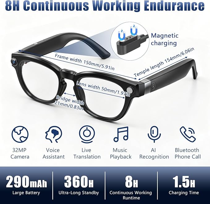 AI Smart Glasses with 1080P HD Camera, AI Real-Time Translation, Bluetooth Audio – Smart Glasses with Camera, Hands-Free Video Recorder for Travel, Sports, Outdoor Use (Black)