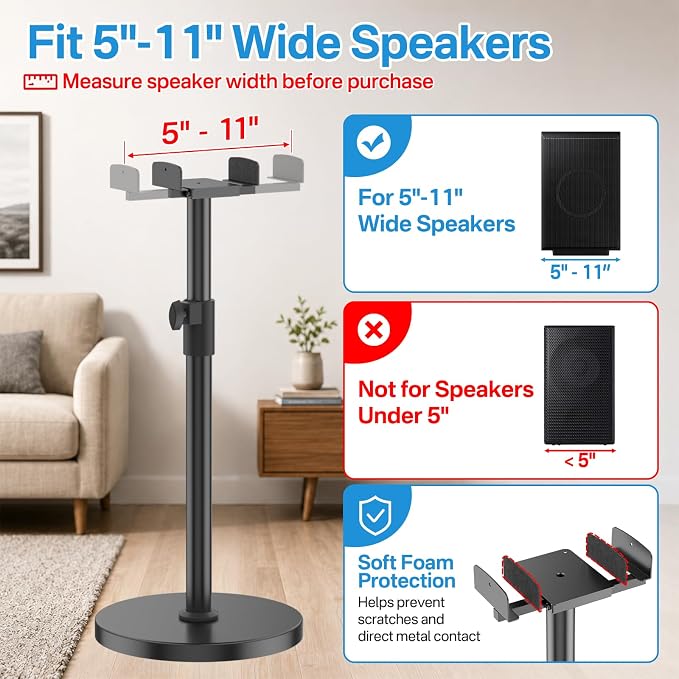 Adjustable Speaker Stand Pair for Samsung Rear Speaker Stand-Q990F/Q930F/Q990H/Q990D/Q990C/SWA-9500S/SWA-W200D, 5"–11" Dual Side Clamp, 29"–37.5" Height Adjust for Samsung Surround Sound WR Cable Mgmt