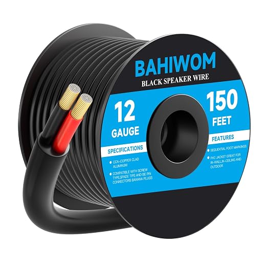 12 Gauge Speaker Wire 150 Feet CL3 Related CCA Black Cable with 2 Conductors for Outdoor Direct Burial Backyard Garden Home Car in-Wall Speaker