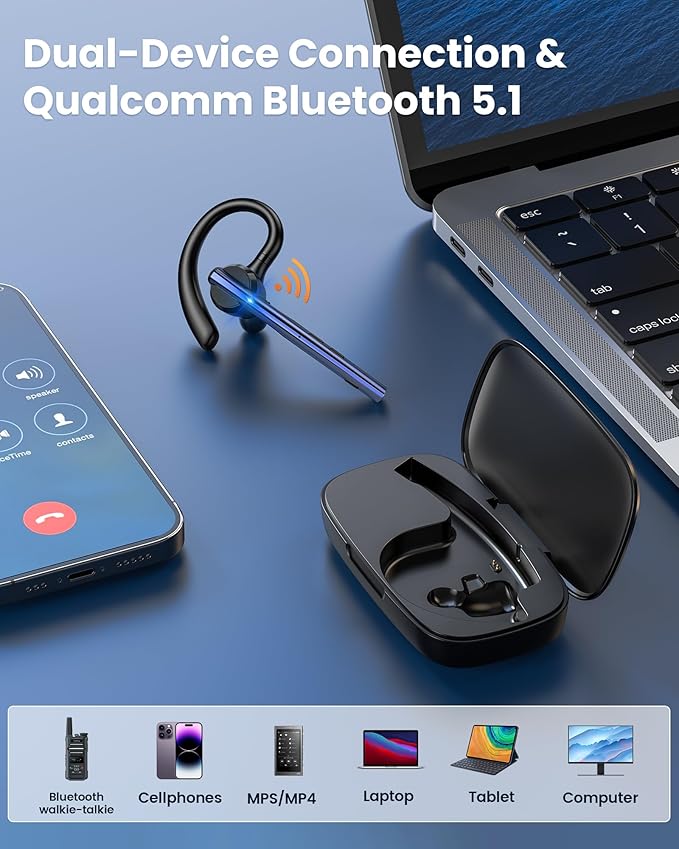 New Bee Bluetooth Headset V5.1 72H Talk Time Dual Mic with Mute Button for Business, Wireless Hand-Free Bluetooth Earpiece with 500mAh Charging Case for Cell Phone Calls Trucker Driver Laptop