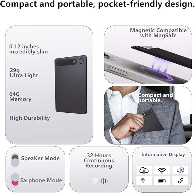 AI Voice Recorder, Transcription, Summary, Mind Map with AI Technology Support 128 Languages, 64GB Magnetic Case Audio Recorder for Lectures, Meetings, Calls