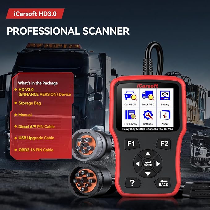 iCarsoft HD V3.0 Red Heavy Duty Truck Scanner All System Diesel Diagnostic Scan Tool for Cummins, Detroit, Freightliner, International, Paccar, Engine Code Reader for Truck & Car with Live Data