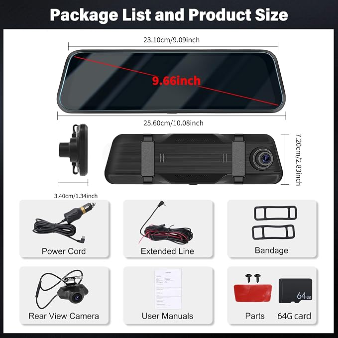 Rear View Mirror Camera, Mirror Dash Cam for Car 1080P Front & Rear Mirror Cameras 9.66 Inch HD IPS Full Touch Screen 64G Card Night Vision Motion Detection Loop Recording 24H Parking Monitor