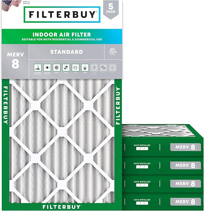 Filterbuy 20x30x2 Air Filter MERV 8 Essential Dust & Allergy Defense (5-Pack), Electrostatic Pleated HVAC AC Furnace Filters Replacement, Made in USA (Actual Size: 19.75 x 29.75 x 1.75)