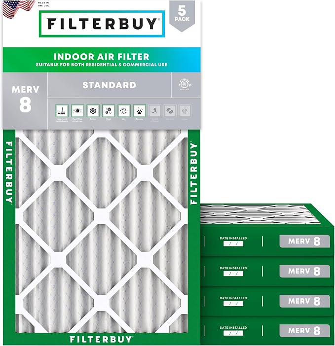 Filterbuy 16x24x2 Air Filter MERV 8 Essential Dust & Allergy Defense (5-Pack), Electrostatic Pleated HVAC AC Furnace Filters Replacement, Made in USA (Actual Size: 15.38 x 23.38 x 1.75)