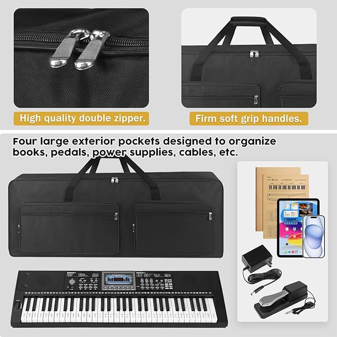 61 Key Piano Keyboard Case Bag 40.6''x6.1''x17'',Portable Padded Keyboard Gig Bag with Handles and Adjustable Backpack Straps with 4-Pocket for Keyboard Accessaries (Black)