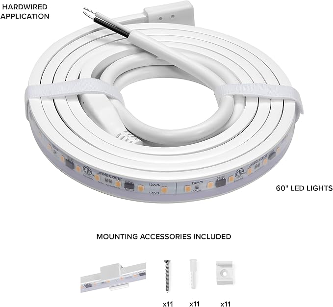 Maxxima 60 in. Hardwired LED Under Cabinet Strip Light, 2300 Lumens, 3000K Warm White, Kitchen and Living Room 120V White Cove Lighting, No Power Supply Needed