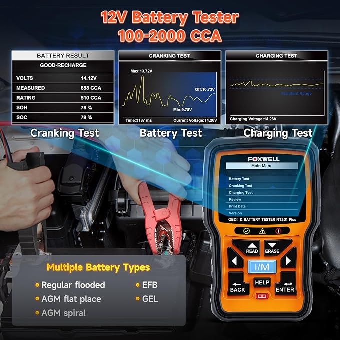 FOXWELL NT301 Plus 2 IN1 OBD2 Scanner Battery Tester + NT301 Code Reader Scan Tool Live Data Mechanic OBDII DiagnosticTool for Check Engine Light