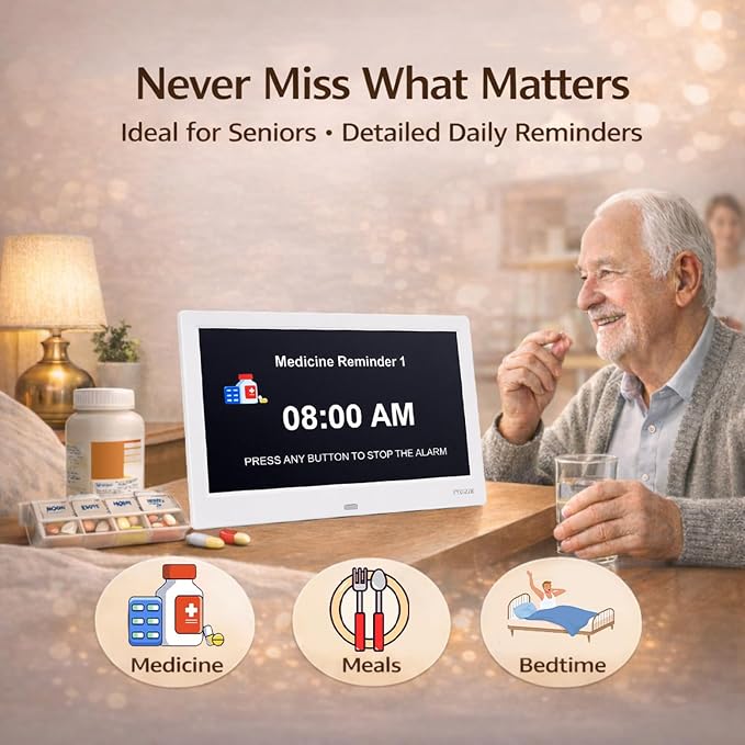 11.5'' Dementia Clocks for Seniors Extra Large, Senior Clocks with Day Date and Time, 20 Alarm Reminders, Easy-to-Read, Simple Setup, Plug-in, DST, White