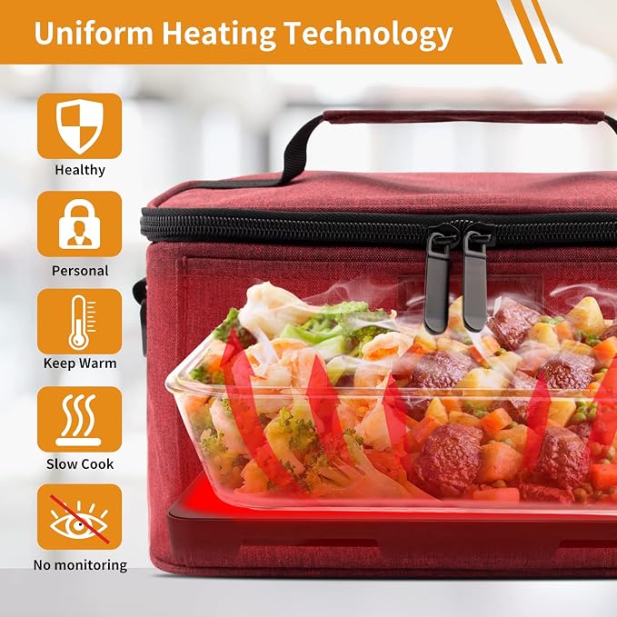 Aotto Heated Lunch Box Food Warmer - 12V/24V 2-in-1 Car Food Warmer with Vehicle Plug - Mini Portable Electric Lunch Box Heater for Men and Women - Reheat & Keep Meals Warm On the Go - Red