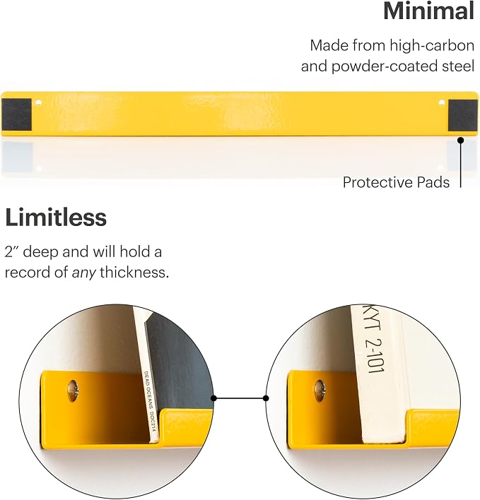 Vinyl Record Shelf - A Metal Display Shelf - Wall Mount Now-Playing Vinyl Shelves - an Album Record Holder that Doubles as a Picture Ledge - Fits All Records (Yellow)