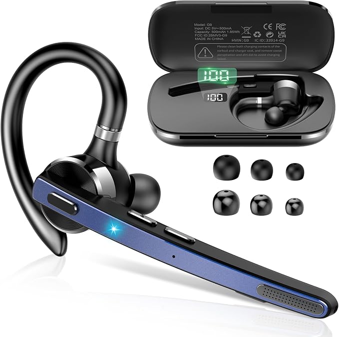 2026 Bluetooth Headset, Wireless Bluetooth 5.3 Earpiece, 90Hrs Single-Ear Headset with APTX HD Audio & Mute Button, Dual Noise Cancelling Mics, Hands Free Headphone for Trucker, Business, Gym, Blue