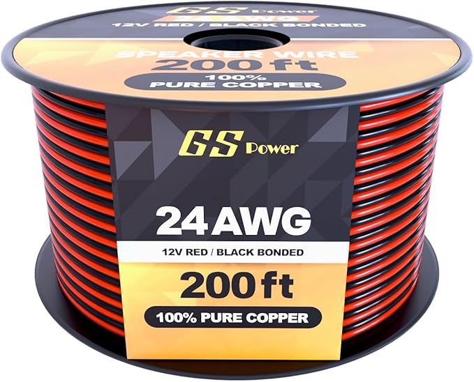 GS Power 24 Gauge Wire 200ft Oxygen Free, OFC Pure Copper Electrical 12v Low Voltage Speaker Wire Spool, 24AWG for Electric, Automotive, Trailer, Stereo, RC, Car, Home Theater, LED, Lamp Wiring