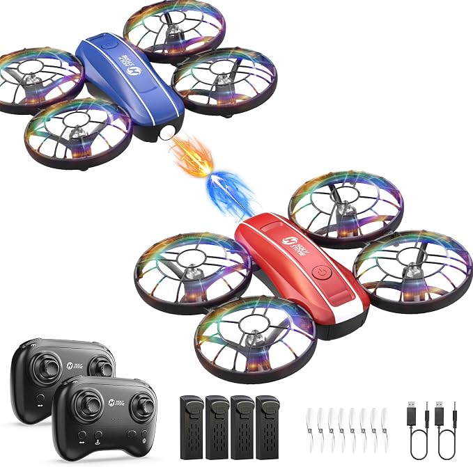 Holy Stone HS210FS Mini Drone for Kids Beginners, 2-Player Indoor RC Quadcopter Set with Battle Mode, 360° Flips, Circle Fly, Headless Mode, Altitude Hold, LED Lights, 4 Batteries