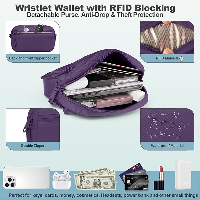 YFWE Clip and Go Strap for Phone with Wallet Crossbody, Adjustable Phone Lanyard with Detachable RFID Wristlet Wallet, Pattern Strap - Dark Purple (L)