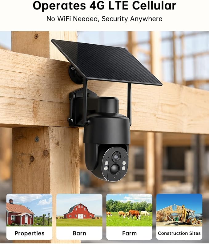 4G LTE Cellular Security Camera, No WiFi Needed, 4MP Live Video, 360° Full View, Built-in SIM Card, Color Night Vision, Instant Alerts, 2 Storage Ways, Solar Outdoor Camera for Off-Grid Areas