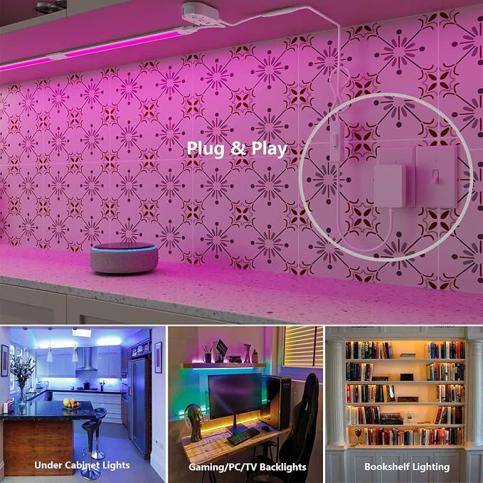 Smart Under Cabinet Lighting with Remote,RGB Cabinet Lights,Color Changing LED Strip Lights for PC,Kitchen Under Counter Lighting Plug in,Shelf Lights,LED Light Bar,Work with Alexa,Google,App,6pcs