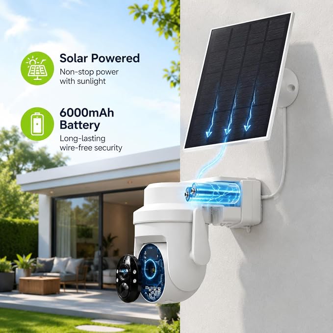 2K Solar Camera Outdoor Wireless, 2.4Ghz WiFi Battery Camera, 355° View Pan/Tilt Solar Camera with PIR Alarm, 2-Way Audio, Color Night Vision, IP65 Waterproof, Cloud & SD Storage