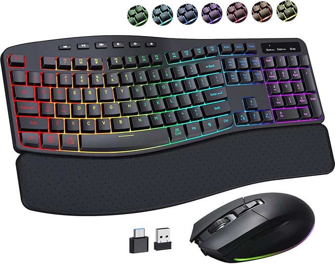 COLIKES Ergonomic Wireless Keyboard and Mouse Silent, Rechargeable Wave Keyboard with 15 Lighting RGB Backlit Effects, Soft Leather Wrist Rest, 3200 DPI Mouse for PC Computer Laptop Windows Mac